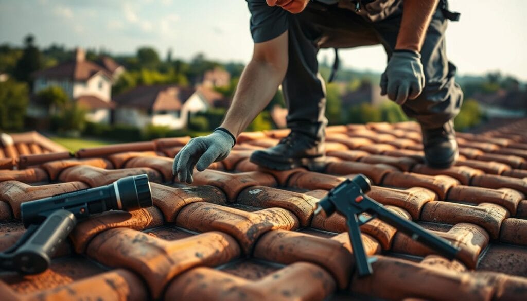 A close-up shot of a professional roofer inspecting a rooftop, meticulously examining the tiles and searching for the source of a leak. The lighting is soft and natural, highlighting the intricate patterns and textures of the roof. In the foreground, a set of specialized tools, including a flashlight, a sealant gun, and a pair of gloves, convey the attention to detail and expertise required for this task. The middle ground features the rooftop, with its varying shades of clay and the subtle signs of weathering. In the background, a tranquil suburban landscape, with lush greenery and a clear sky, creates a sense of calm and professionalism. The overall atmosphere exudes a tone of diligence, problem-solving, and a commitment to providing a lasting solution to the daklekkage issue.