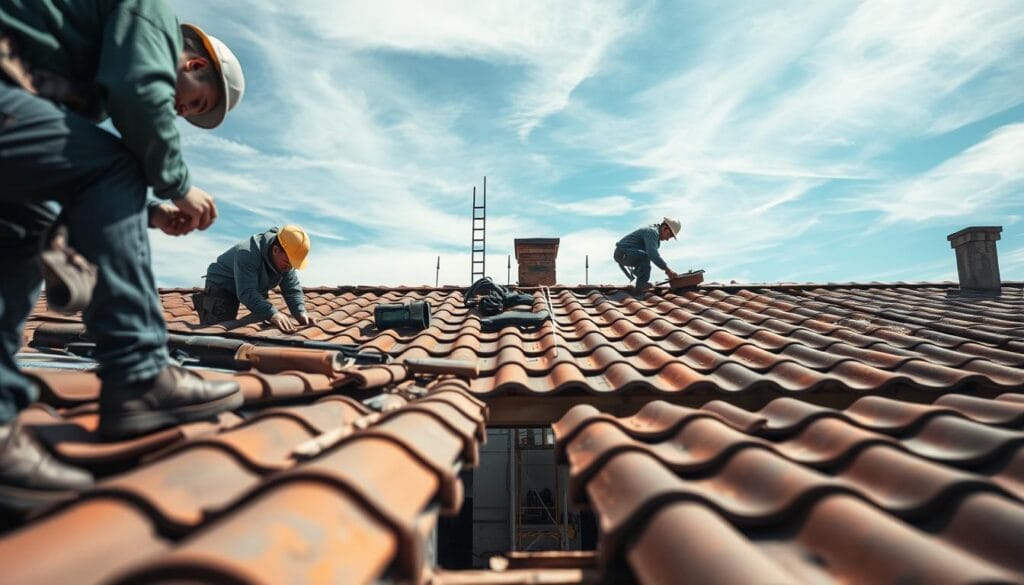 A detailed rooftop construction scene, viewed from a low angle. In the foreground, workers meticulously install tiles, their focused expressions and careful movements captured in high-definition. The middle ground reveals the underlying structure, with scaffolding, ladders, and various tools neatly organized. In the background, a clear blue sky with wispy clouds provides natural illumination, casting soft shadows across the scene. The overall composition conveys the precise, methodical nature of the "dakwerk" process, highlighting the skilled craftsmanship involved in the roofing work.