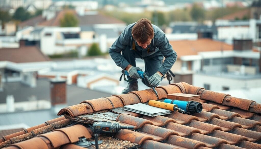 A professional roofer diligently inspecting and repairing a roof with a leakage issue. In the foreground, the roofer is carefully examining the damaged roof tiles, using specialized tools to pinpoint the source of the leak. The middle ground showcases the roofer's methodical approach, with a range of roofing materials and equipment nearby, ready to be utilized. In the background, the urban landscape of Amsterdam is visible, hinting at the context of this roofing repair task. Soft, warm lighting illuminates the scene, creating a sense of focus and professionalism. The overall mood conveys a well-organized, efficient, and reliable roofing solution.