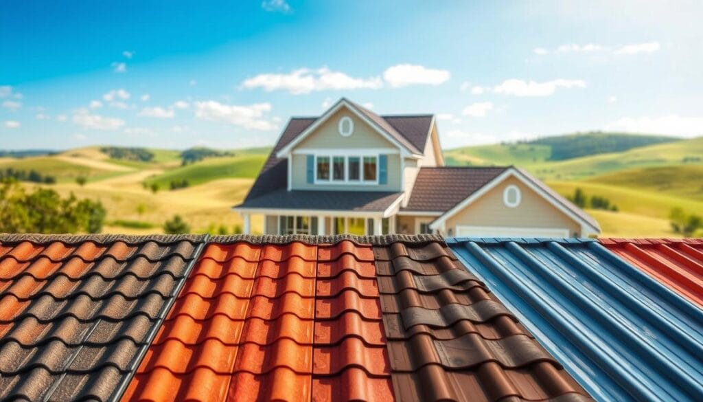 A visually striking illustration of various roofing materials for residential homes. In the foreground, a selection of high-quality roofing tiles, shingles, and metal panels are displayed, showcasing their distinct textures, patterns, and colors. The middle ground features a well-proportioned two-story house with a steep-pitched roof, allowing for a clear view of the different roofing options. The background is a serene, sun-dappled landscape, with rolling hills and a clear blue sky, creating a calming and inviting atmosphere. The lighting is natural and soft, highlighting the unique characteristics of each roofing material. The overall composition is balanced and visually appealing, providing a comprehensive overview of the diverse range of roofing solutions suitable for residential dwellings.