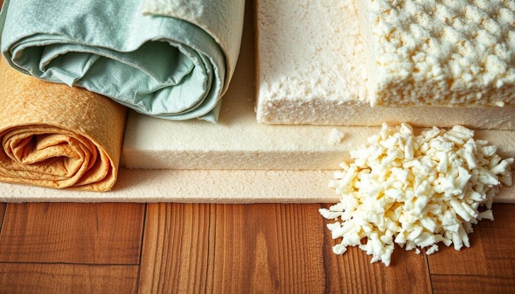 A well-lit, detailed close-up image of various roofing insulation materials, including rolled fiberglass, rigid foam boards, and loose-fill cellulose, arranged neatly on a textured wooden surface. The materials are depicted with a focus on their textures, colors, and thermal properties, conveying a sense of the insulating capabilities that can improve home comfort and energy efficiency. The lighting is soft and natural, highlighting the technical details of the insulation products. The overall mood is one of informative clarity, designed to visually complement the section on "Dakisolatie: comfort verhogen en kosten verlagen" in the "Dakdekker Eindhoven" article.